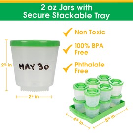 Baby Food Storage Containers w Write What You Want Lids (12 Pk) - 2oz Reusable Leakproof Plastic Jars & Tray- Freezer, Microwave & Dishwasher Safe- BPA/PVC Free, Compatible w Bullet Blender, Gift