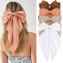 VELSCRUN Hair Bows for Women & Girls - 4pcs Brown, Orange, Khaki & White Silky Satin Coquette Bows - Oversized Hair Ribbons & Barrettes - Accessories & Gifts