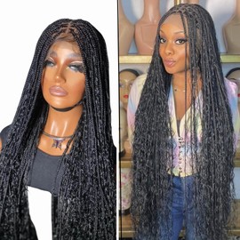 Full Lace Boho Braided Wig - SOUL Boho Braid Wig Full Lace with Human Hair Blend Curls - Length 36 Inches (Black)
