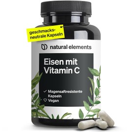natural elements Iron 20 mg (from iron bisglycinate) per capsule - with 42 mg natural vitamin C - vegan, neutral in taste - 180 capsules - premium raw material: FerrochelTM (iron chelate)
