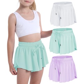 Flowy Shorts for Teen Girls Athletic Running Biker Shorts Youth Butterfly Shorts（White/Mint/LightPurple-3XS）
