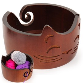 Coopay Cat Yarn Bowl for Wool, 18 x 10 cm, Walnut Colour, Wooden Yarn Bowl, Lightweight, Large Wool Bowl for Knitting, Handmade Wool Bowl for Crochet, Portable Knitting Bowl for Knitting and Crochet