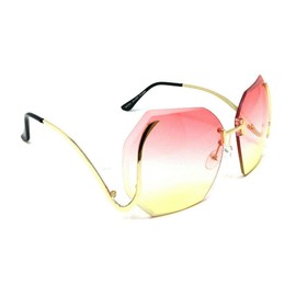 Womens XL Rimless Square Oversize Butterfly Sunglasses (Gold Metallic Frame-, Pink & Yellow Gradient)