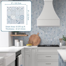 Sunwings Peel and Stick Backplash Tile for Kitchen, Stone Composite Self Adhesive Blue Square Mosaic Wall Tile for Bathroom, 9x9 Inch, 20 Sheets