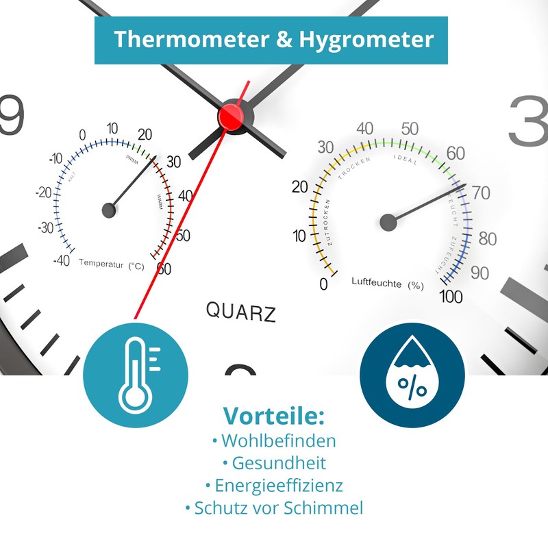 Mebus Quartz Wall Clock with Thermometer and Hygrometer Silver Frame