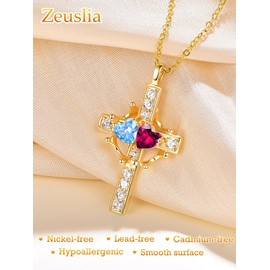 Aquamarine Ruby Jewellery March July Birthstone Gold Cross Necklace for Women Sterling Silver Cross with Crown Necklace Gold Crown Pendant Wedding Anniversary Birthday Gifts for Women