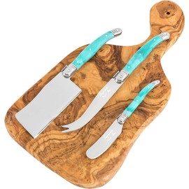French Home Laguiole Cheese Board Set of 4 – Includes 6.25" Cheese Spreader, 9.25" Spear, 8.5" Cleaver Knife and Olive Wood Board – Charcuterie Accessories w/Turquoise Handles