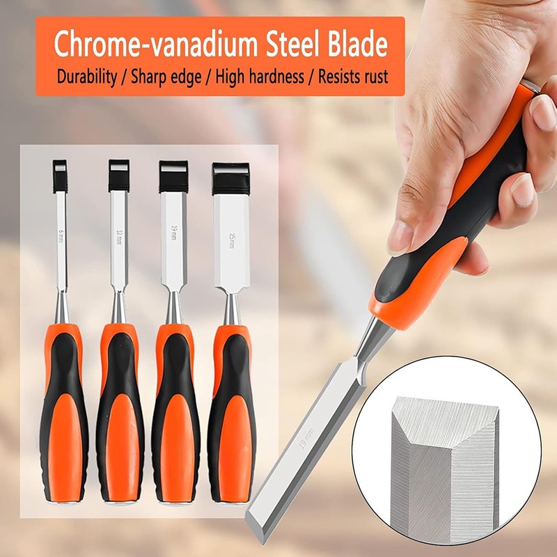 AIMALL Woodworking Chisel Set – Chrome-Vanadium Steel Blades, Rubber Handles,