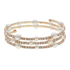 Kicomvi Imitition Pearl Stretch Bracelet Multilayer Crystals Pearl Elastic Bangle for Women Wedding Jewelry 1920s Costume-C Gold
