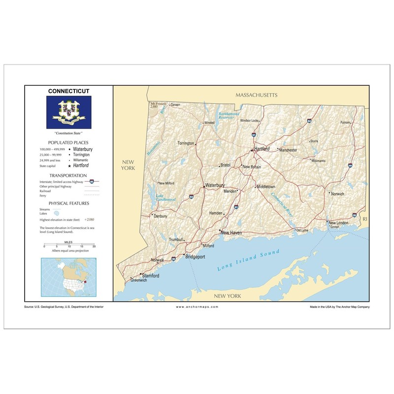 13x19 Connecticut General Reference Wall Map - Anchor Maps USA