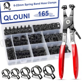 QLOUNI 165Pcs 6-22mm Spring Hose Clamps Kit, 10 Sizes Black Fuel Line Clamps with Hose Clamp Pliers, Locking Device, and Non-Slip Handle, Suitable for Fuel, Air, and Silicone Hoses Crimping Tool Kit