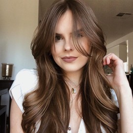FASHION IDOL Wig for Women Synthetic Lace Front Door Curtain Fringe in Split Lace Hair Stitching Layered Colour Wig (BROWN138, 71 cm)
