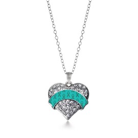Inspired Silver - Teal Ribbon Support Charm Necklace for Women - Silver Pave Heart Charm 18 Inch Necklace with Cubic Zirconia Jewelry