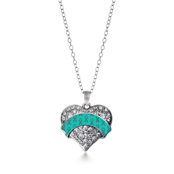 Inspired Silver - Teal Ribbon Support Charm Necklace for Women - Silver Pave Heart Charm 18 Inch Necklace with Cubic Zirconia Jewelry