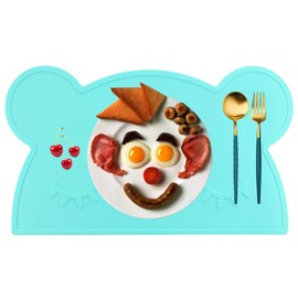 M MOACC Toddlers Non-Slip Silicone Placemat Cute Bear Kids Placemats Washable Dining Table Food Mat for Children Baby,Mint Green