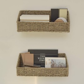 StorageWorks Woven Wall Baskets for Storage, Seagrass Baskets for Shelf, Wall Storage for Kitchen and Bathroom, Hanging Baskets for Organizing, 2 Pack