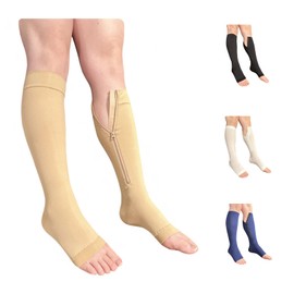 Ziperior Open Toe Inside Leg Calf Zipper 30-40 mmHg Grade 3 Compression Socks (Beige, 3X-Large)