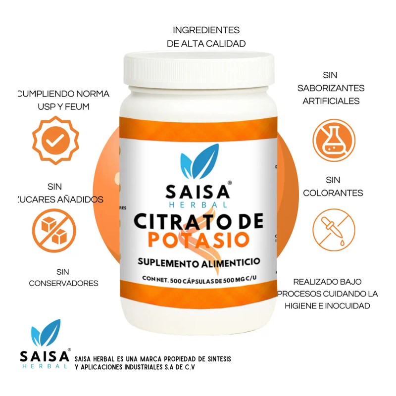 Citrato Magnesio Potasio 500 Cápsulas Suplemento Alimenticio Saisa Herbal Sabor