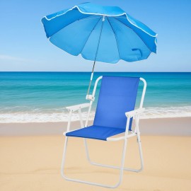 Blue Folding Beach Chair With Umbrella Aluminum Frame Lightweight Portable Outdoor Chair For Adults Coastal Stylecolor: as picture