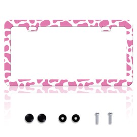 Pink Cow Print License Plate Frame Animal Texture License Plate Frames Personalise Stainless Steel Funny Design Compatible with Standard License Plate Holder for USA Canada 6 X 12 Inch with Screws