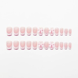 White French tips Press on Nails Short Square Fake Nails with 3D Bow Charms Design Pearl Glue on Nails Glossy False Nail tips Reusable Spring Nails for Women Girls Manicure 24pcs