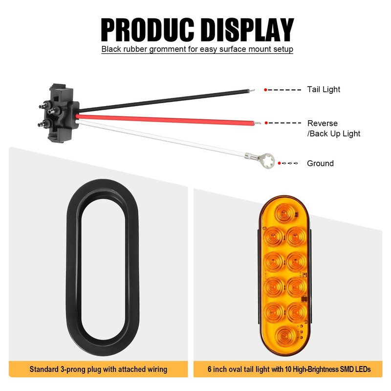 6PCS Amber LED Oval Tail Trailer Lights, 6 inch LED