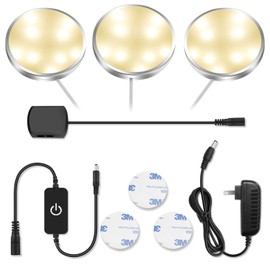 3 Pack LED Puck Lights, Under Cabinet Lighting Silver Trim, 3000K Warm White, CRI90+, Touch Dimming, All Accessories Included, Under Counter Lighting for Kitchen, Closet Lights, Safe Light