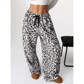 Leopard Pants Women Therian Fuzzy Pajama Pants Y2k Cheetah Pants Grunge High Waisted Fluffy Pants, White, Small
