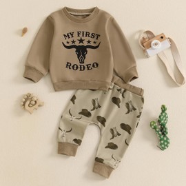 Toddler Baby Boy Western Clothes “My First Rodeo” Sweatshirt Top Pants Set 2Pcs Fall Winter Cowboy Outfit (Khaki, 12-18 Months)