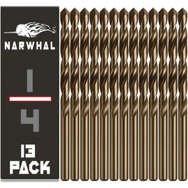 Narwhal 1/4" Drill Bits (M35 Cobalt - 13 Pack) 4 Inch Length for Drilling Into Metal, Hardened & Stainless Steel