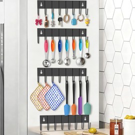 sawgos Magnetic Key Holder with 8 Hooks for Fridge Key Hanger Organizer for Wall Mount with 8 Self-Adhesive Sticker No Drilling Required Metal Key Rack for Door, Bathroom, Kitchen,Garage (4, Black)