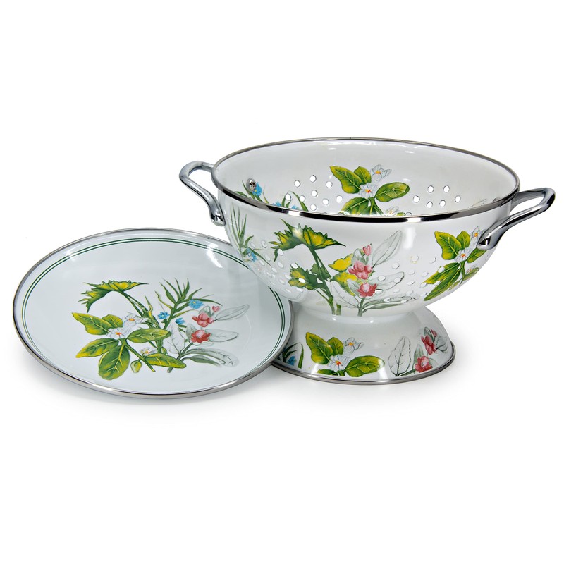 Golden Rabbit Enamelware Colander and Drip Plate Gift Set, Herbs