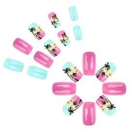 Summer Press on Nails Short Square Fake Nails with Palm Tree Seagull Designs Blue Pink Gradient Acrylic False Nails Beach Coconut Tree Full Cover Glue on Nails Glossy Stick on Nails for Women 24Pcs