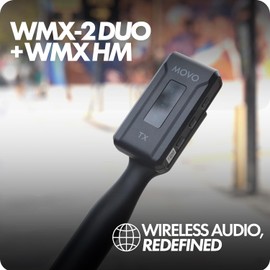Movo WMX-2-DUO Dual Microphone Compact Wireless System with Handheld Extension Mounts - Mini Wireless Lavalier Microphones for Cameras with Mic Handles for Reporting, Interviews and More