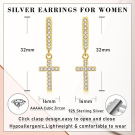 Estrellique Gold Dangle Hanging Earrings with AAAAA Cubic Zirconia, 925 Sterling Silver Hoop Earrings, Silver 925 Hoop Earrings Hanging for Women Girls, Hypoallerge Huggie Earrings with Cross Pendant