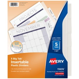 Avery Durable Plastic 5-Tab Insertable Big Tab Dividers for 3 Ring Binders, Clear, 1 Set (11835)