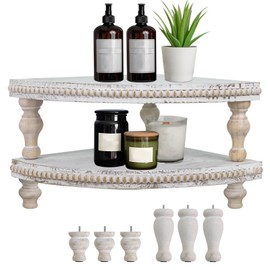 MAONAME Vintage White Corner Pedestal Stand, Rustic Decorative Riser for Display, Farmhouse Wood Corner Counter Shelf with Beaded, Set of 2