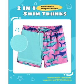 MaaMgic Boys Swim Trunks with Compression Liner Toddler Stretch Quick Dry Swim Shorts Quick Dry 2 in 1 Beach Shorts,Pink Shark,Large(14/16)
