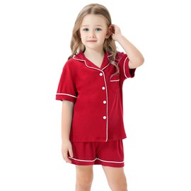 SWOMOG Kids Modal PJs Short Sleeve Button-Down Pajamas Two-Piece Lounge Sets Soft Red Sleepwear Size 12-13