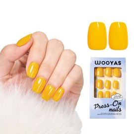 Wooyas Press on Nails Short, Yellow Press on Gel Nails Short Square Handmade Fake Nails Reusable, Made by Soft Gel, Lightweight Natural Glossy Fake Nail in 12 Sizes - 24 Pcs Artificial Nails Kit