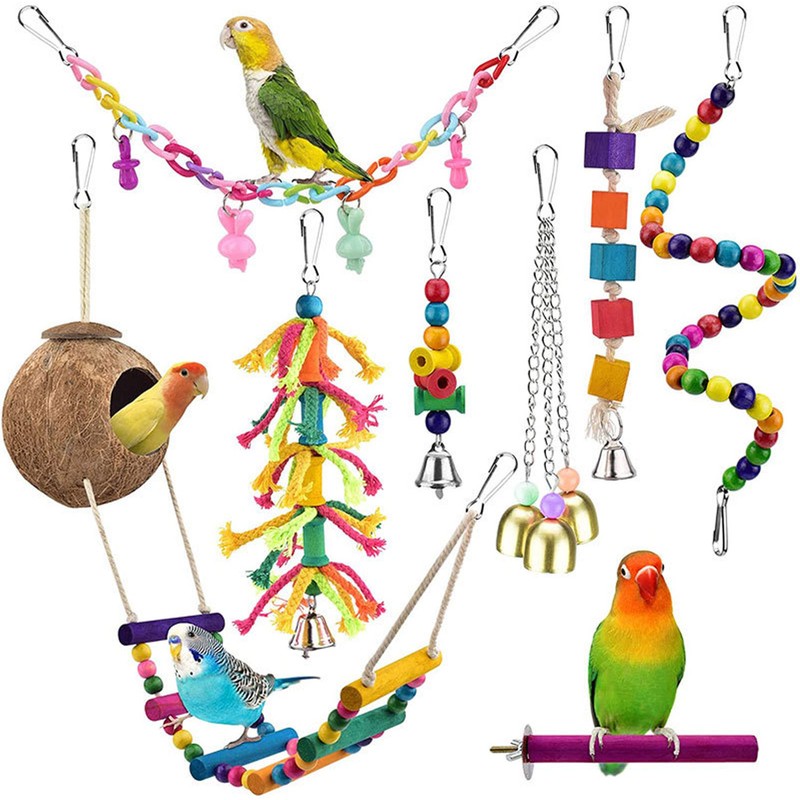 8pcs Parrot Toys Adjustable Coconut Shell Ladder Hanging Toys Interactive
