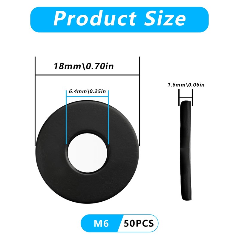 Pack of 50 Flat Washers M6, Black Washers Stainless Steel