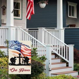Louise Maelys Memorial Day Garden Flag Always Remember Our Heroes 12x18 Inch Double Sided Soldier Stars and Stripes Small Burlap Yard Sign Outside Outdoor House Decoration