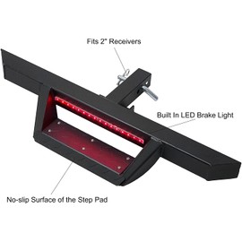 KUAFU Universal Hitch Step w/Led Brake Light Fit 2" Receiver Trailer Truck Towing Hitch Step Bar Rear Bumper Guard with Hitch Pin & Non-Slip Plate Strong Steel Black Coated