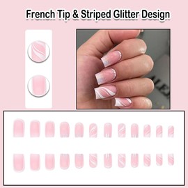ANDGING White Press on Nails Short Medium Square French Tip Fake Nails Glue on Nails with Striped Glitter Design Acrylic 24Pcs Women False Nails with Glue Gel Stick on Nail for Wedding Birthday SH46P
