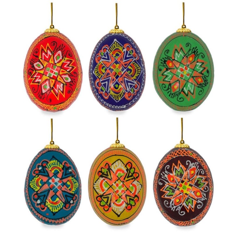 Set of 6 Hand Painted Wooden Ukrainian Easter Egg Ornaments