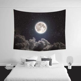 Moon Stars Wall Tapestry Outer Space Galaxy Tapestry Universe Starry Night Sky and White Cloud Tapestry Dark Blue Psychedelic Art Decor Wall Hanging for Dorm Living Room Bedroom (150X170cm)