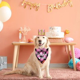 ADOGGYGO Dog Birthday Party Supplies, Pink Plaid Birthday Girl Dog Bandana, Golden Pet Party Hat with Numbers, Bowtie for Extra Large Pets (X-Large)