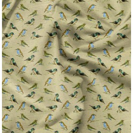 Soimoi Beige Rayon Fabric Flycathcer Bird Print Fabric BTY 56 Inch Wide
