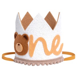 LINZYING - Sombrero de corona de oso de peluche para el primer cumpleaños - Sombrero de cumpleaños de oso Pooh, sombrero de fiesta de primer cumpleaños, oso pequeño, sombrero de oso de peluche